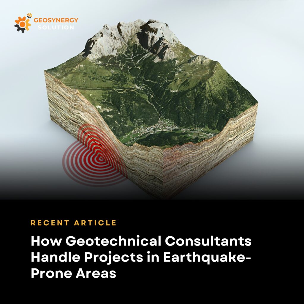 Geotechnical consultant conducting soil testing in earthquake-prone area
