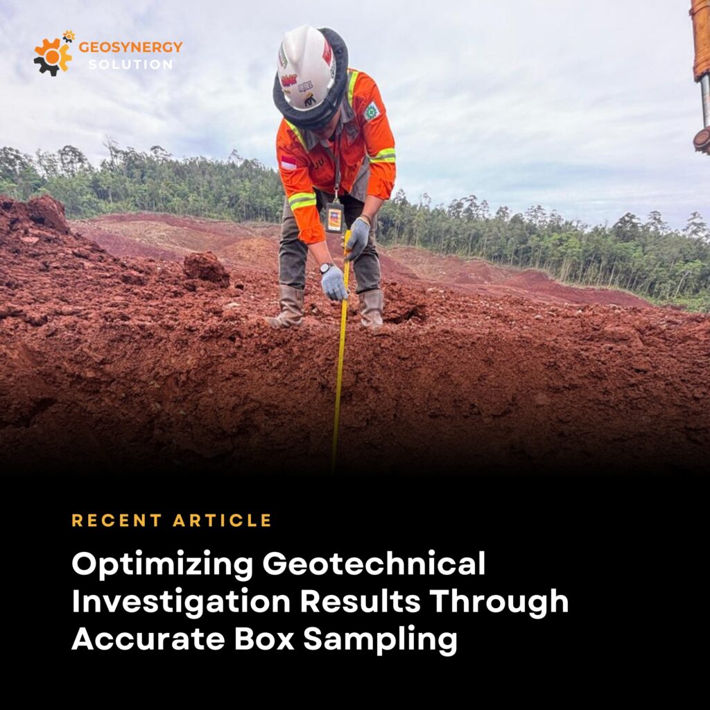 Engineer performing accurate box sampling for geotechnical investigation at mining site